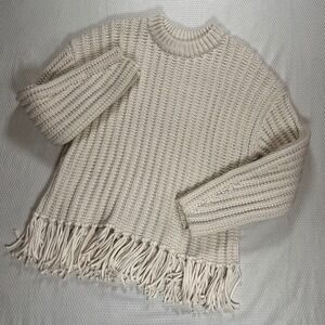 HM Womens Cream Ribbed Chunky Knit Fringe Hem Sweater Medium Boho Wool Blend
